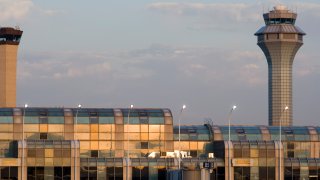 The bright colorful sun reflects off of the terminal building at Chicago’s O’hare Airport in Illinois.