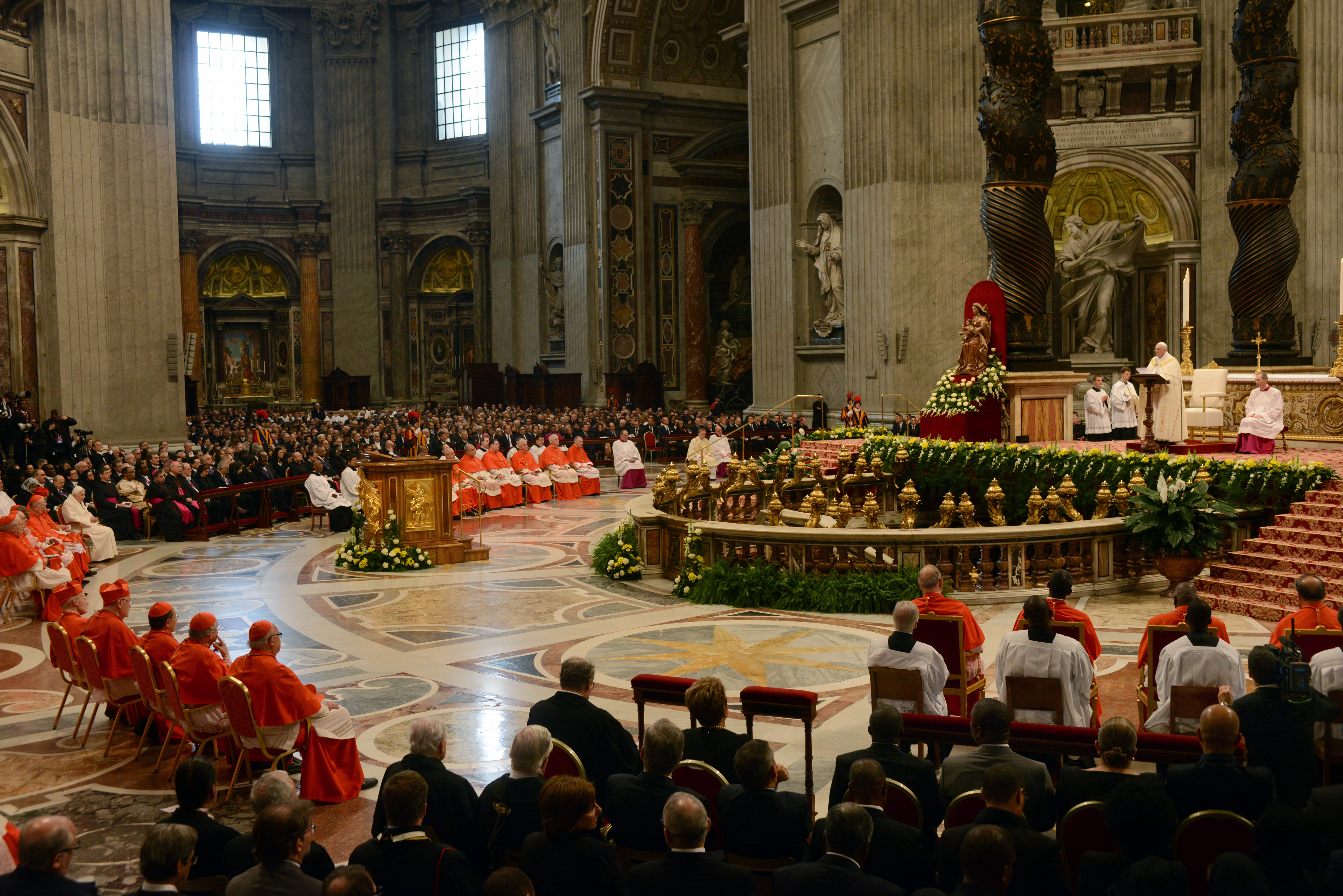 Pope Francis celebrated a consistory ceremony and consecrated 19 new members of the College of Cardinals as his predecessor Benedict XVI made a surprise rare appearance on Feb. 23, 2014 at the Vatican.