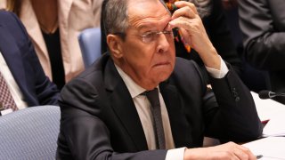 Russian Foreign Minister Sergey Lavrov listens as U.N. Secretary-General António Guterres speaks during a Security Council meeting at the United Nations headquarters on April 24, 2023 in New York City.