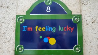 A sign reading “I’m Feeling Lucky” outside the Google Inc. regional headquarters in Paris, France, on Thursday, April 6, 2023.