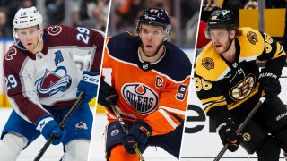 Nathan MacKinnon (left), Connor McDavid (center) and David Pastrnak (right) lead three of the NHL’s best teams heading into the playoffs.