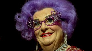 Barry Humphries performs on stage as Dame Edna
