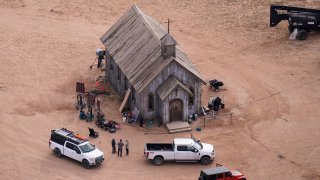 This aerial photo shows the movie set of “Rust” at Bonanza Creek Ranch in Santa Fe, N.M., on Saturday, Oct. 23, 2021. Filming on the Western movie “Rust” could resume this week in Montana, the production company said Wednesday, April 19, 2023, in the aftermath of the fatal shooting of a cinematographer during a rehearsal with actor Alec Baldwin on the original production in New Mexico.