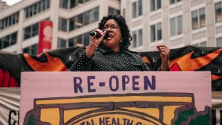 CHICAGO, IL – OCTOBER 23: Chicago City Treasurer Melissa Conyears-Ervin speaks at a downtown rally in support of the ongoing teachers strike on October 23, 2019 in Chicago, Illinois. Union teachers and school staff members are demanding more funding from the city in order to lower class sizes, hire more support staff, and build new affordable housing for the 16,000 Chicago Public Schools students whose families are homeless. (Photo by Scott Heins/Getty Images)