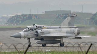 A French-made Mirage fighter jet taxis on the runway at an air force base in Hsinchu, northern Taiwan on April 6, 2023.