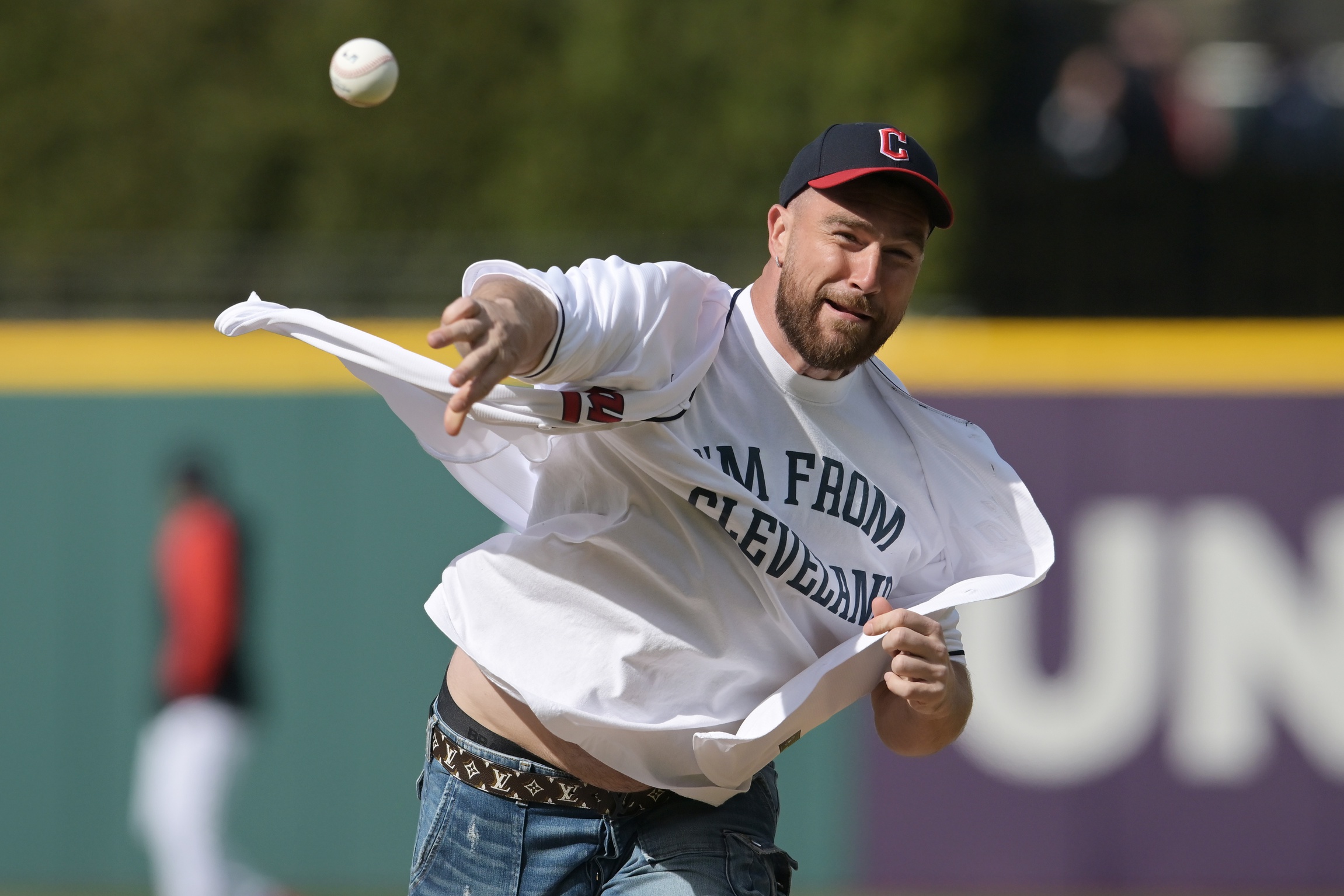 Travis Kelce's 1st pitch with Guardians goes awry, to delight of