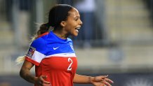 October 26 2014: Sydney Leroux (2)of the USA after scoring against Costa Rica during the championship match of the CONCACAF Women's World Cup qualifying tournament at PPL Park, in Chester PA. USA won the championship 6-0. (Photo by Tony Quinn/Icon Sportswire/Corbis/Icon Sportswire via Getty Images)