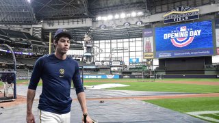 Milwaukee Brewers right fielder Christian Yelich (22) gets ready for game against the New York Mets at American Family Field.