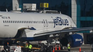 JetBlue Airways plane seen at Cancun International Airport. On Wednesday, 23 March 2022, in Cancun International Airport, Cancun, Quintana Roo, Mexico.