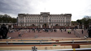 FILE - The view from the media platform on the Queen Victoria Memorial in front of Buckingham Palace, London, May 1, 2023.