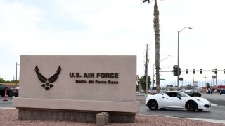 A sign near the main gate of Nellis Air Force Base is shown on April 3, 2020 in Las Vegas, Nevada.