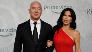 File - Jeff Bezos and Lauren Sanchez at the Odeon cinema in Leicester Square, London, on Aug. 30, 2022.