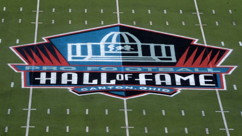 Aug 3, 2014; Canton, OH, USA; General view of the Pro Football Hall of Fame logo at midfield of Fawcett Stadium. Mandatory Credit: Kirby Lee-USA TODAY Sports