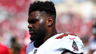Shaquil Barrett #58 of the Tampa Bay Buccaneers walks to the locker room prior to an NFL football game against the Atlanta Falcons at Raymond James Stadium on October 9, 2022 in Tampa, Florida.