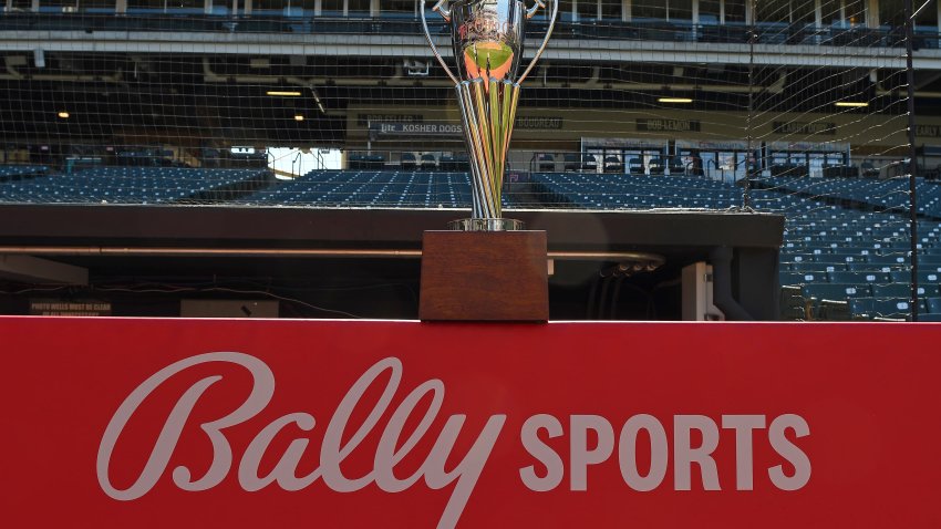 The Ohio Cup Trophy on top of a Bally Sports logo prior to a game between the Cincinnati Reds and Cleveland Guardians at Progressive Field in Cleveland, May 17, 2022.