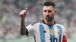 Lionel Messi of Argentina gestures during an international football invitational between Argentina and Australia in Beijing, capital of China, June 15, 2023.