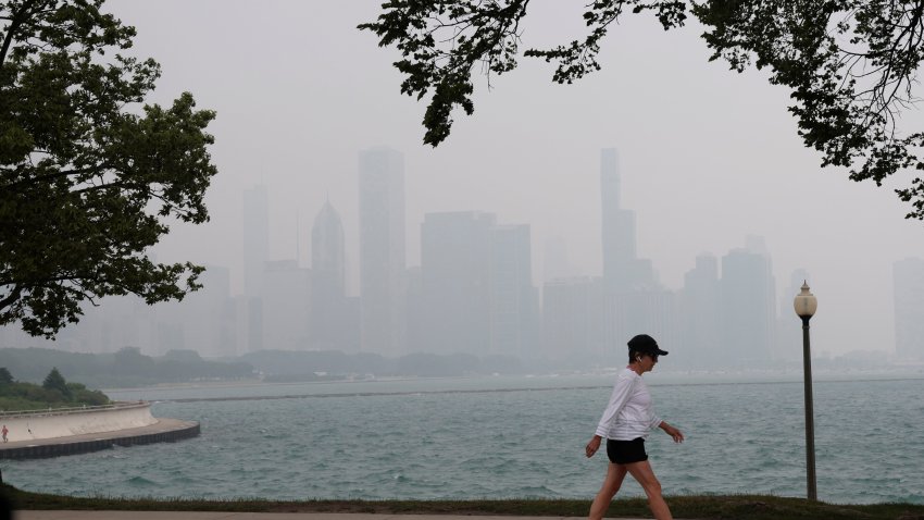 The Chicago skyline is blanketed in haze from Canadian wildfires seen from Solidarity Drive on June 27, 2023, as weather officials issued an air quality alert. (Antonio Perez/Chicago Tribune/Tribune News Service via Getty Images)