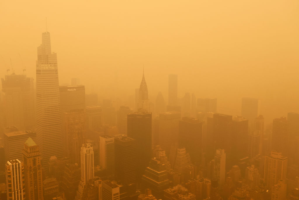 Heavy smoke fills the air shrouding the view to the northeast to One Vanderbilt and the Chrysler Building from the 86th floor of the Empire State Building on June 7, 2023, in New York City.  (Gary Hershorn/Getty Images)