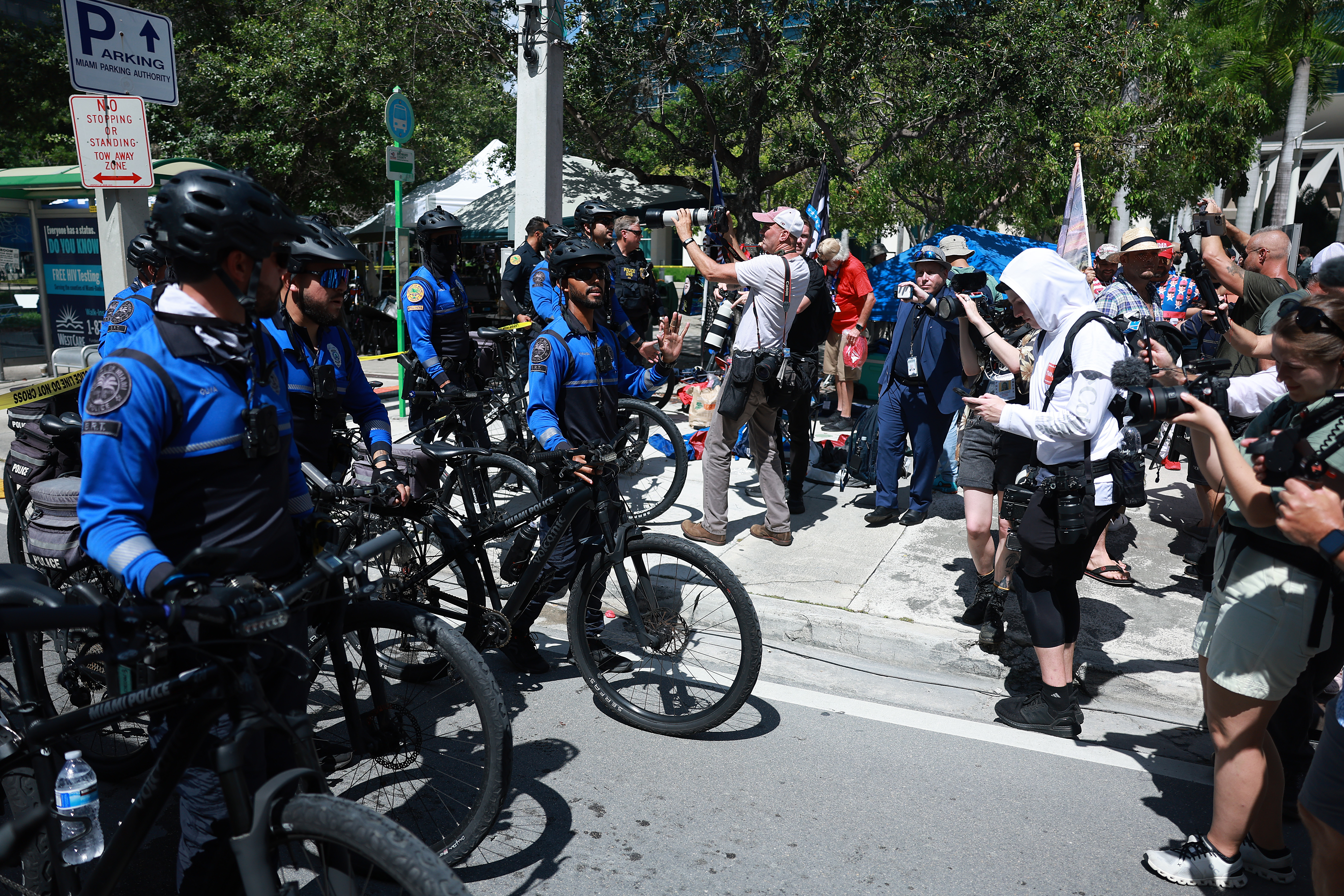 Miami police cordon off an area due to a suspicious device near the Wilkie D. Ferguson Jr. United States Federal Courthouse where former President Donald Trump is scheduled to be arraigned later in the day on June 13, 2023 in Miami.