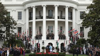 WASHINGTON, DC – JUNE 22: President Joe Biden and Indian Prime Minister Narendra Modi participate in an arrival ceremony at the White House on June 22, 2023 in Washington, DC. Biden and Prime Minister Modi will participate in a bilateral meeting in the Oval Office, a joint press conference, and a state dinner in the evening. Biden is the first U.S. president to invite Modi for an official state visit. (Photo by Win McNamee/Getty Images)