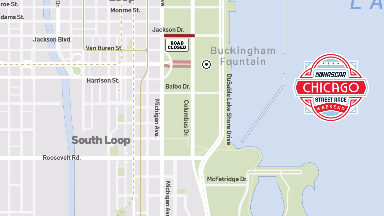 Map 2025 NASCAR Chicago Street Race road closures by day, from Lake