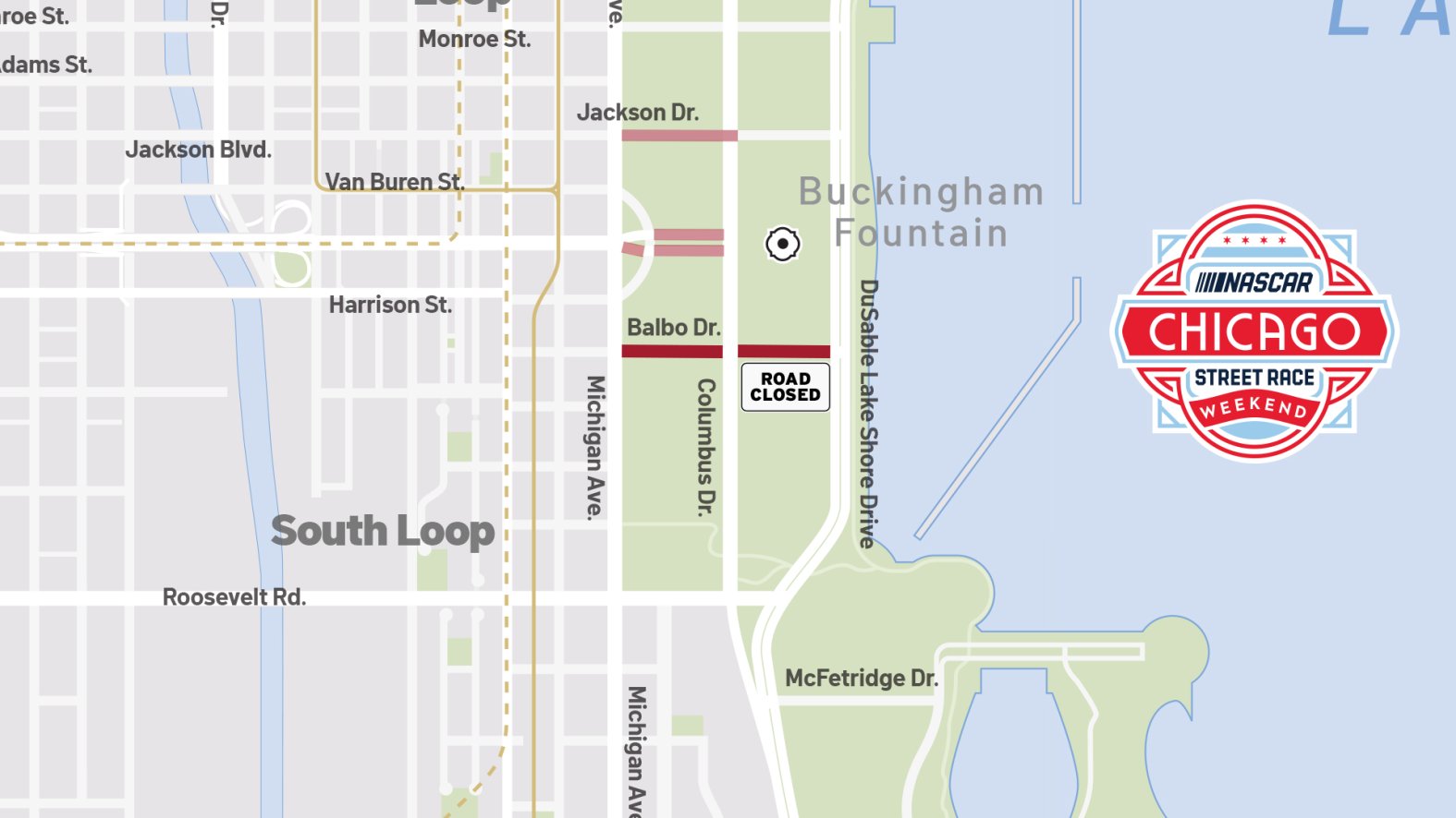 Map: 2023 NASCAR Chicago Street Race road closures by day, from Lake ...