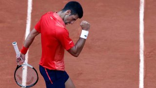 Serbia’s Novak Djokovic reacts during his final match of the French Open tennis tournament against Norway’s Casper Ruud at the Roland Garros stadium in Paris, Sunday, June 11, 2023.