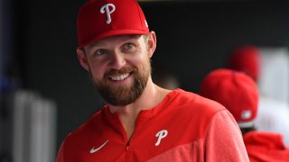 Jun 5, 2023; Philadelphia, Pennsylvania, USA; Philadelphia Phillies first baseman Rhys Hoskins (17) in the dugout against the Detroit Tigers at Citizens Bank Park.