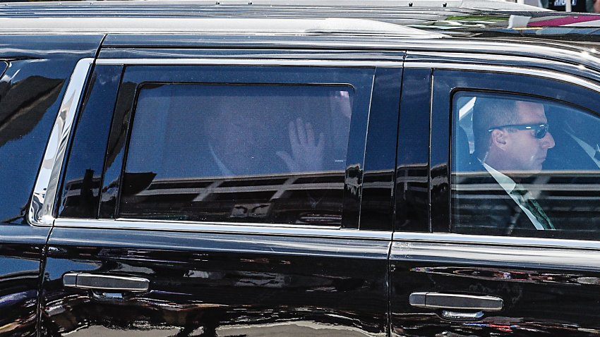 Former President Donald Trump arrives at the Wilkie D. Ferguson Jr. United States Federal Courthouse where he is scheduled to be arraigned on June 13, 2023, in Miami.