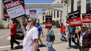 Workers and supporters of the Writers Guild of America protest outside Sony Pictures Entertainment after union negotiators called a strike for film and television writers, in Culver City, California, U.S., May 2, 2023.