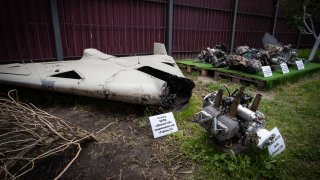 Remain of Shahed 136 at an exhibition showing remains of missiles and drones that Russia used to attack Kyiv on May 12, 2023 in Kyiv, Ukraine.