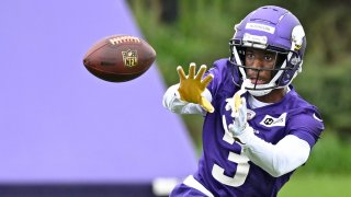 Minnesota Vikings wide receiver Jordan Addison (3) makes a catch during the first day of Minnesota Vikings rookie minicamp at TCO Performance Center on May 12, 2023 in Eagan, Minn.