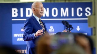 President Joe Biden speaks during a stop at a solar manufacturing company that’s part of his “Bidenomics” rollout on Thursday, July 6, 2023, in West Columbia, S.C.