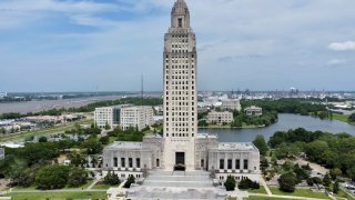 The Louisiana state Capitol stands prominently, April 4, 2023, in Baton Rouge, La.