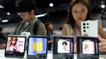 Samsung Galaxy Z Flip 5 Phones displayed during the Galaxy Unpacked 2023 event at the COEX in Seoul, South Korea, Wednesday, July 26, 2023.