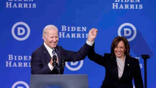 FILE - President Joe Biden and Vice President Kamala Harris stand onstage after speaking at the Democratic National Committee winter meeting on Feb. 3, 2023, in Philadelphia, Pennsylvania.