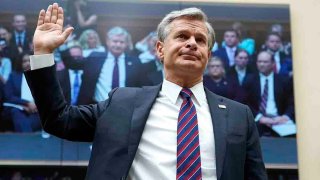 FBI Director Christopher Wray is sworn in before testifying at a House Committee on the Judiciary oversight hearing, July 12, 2023, on Capitol Hill in Washington.