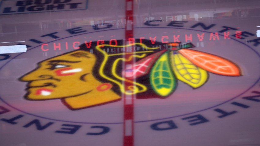 The Chicago Blackhawks logo is illuminated before a game against the Nashville Predators on April 23, 2021, at the United Center in Chicago. (John J. Kim/Chicago Tribune/Tribune News Service via Getty Images)