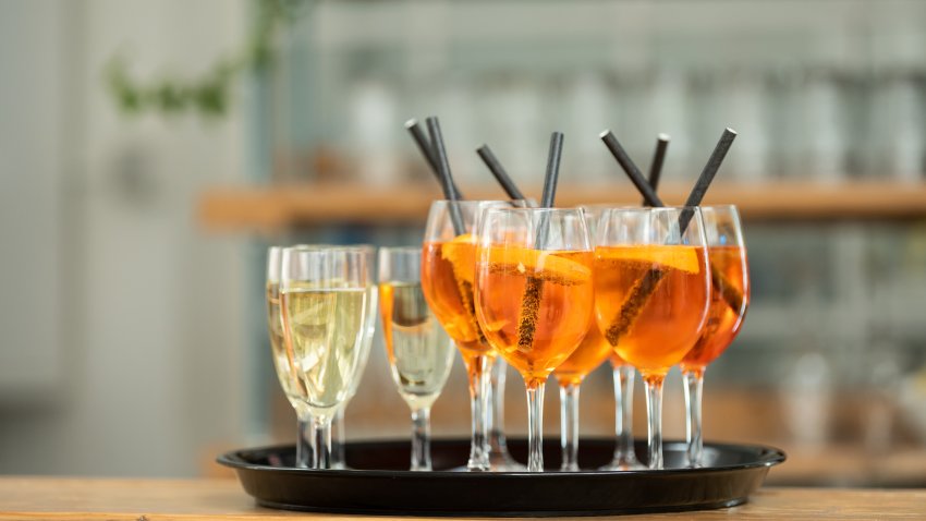 SYMBOL – 12 May 2023, Baden-Württemberg, Rottweil: Glasses of Aperol Spritz and sparkling wine, served at a corporate event. Photo: Silas Stein/dpa (Photo by Silas Stein/picture alliance via Getty Images)