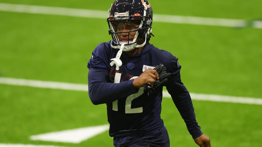 LAKE FOREST, ILLINOIS – JULY 26: Velus Jones Jr. #12 of the Chicago Bears stretches during training camp at Halas Hall on July 26, 2023 in Lake Forest, Illinois. (Photo by Michael Reaves/Getty Images)