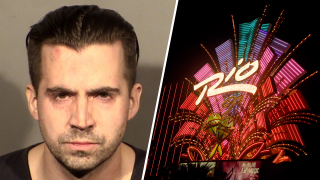 (L) Booking photo provided by the Las Vegas Police Department shows Officer Caleb Rogers in Las Vegas, Feb. 27, 2022. (R) The Rio Hotel & Casino.