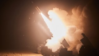 In this handout image released by the South Korean Defense Ministry via Dong-A Daily, a missile is fired during a joint training between the United States and South Korea on June 6, 2022 in East Coast, South Korea.