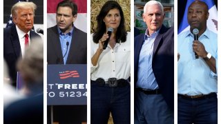 This combination of 2023 photos shows, from left, former President Donald Trump, Florida Gov. Ron DeSantis, former U.N. Ambassador Nikki Haley, former Vice President Mike Pence and South Carolina Sen. Tim Scott.