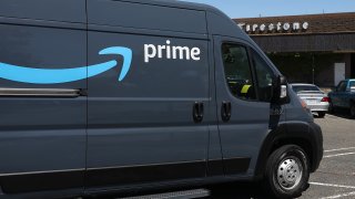 The Amazon Prime logo is displayed on the side of an Amazon delivery truck in Richmond, California, June 21, 2023.