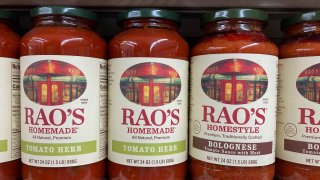 Jars of Rao’s sauce are displayed at a food store in New York on Tuesday, Aug. 8, 2023. Campbell Soup is set to buy Sovos Brands, the maker of Rao’s pasta sauces.