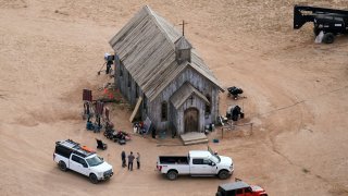 This aerial photo shows the Bonanza Creek Ranch in Santa Fe, N.M., on Oct. 23, 2021, used for the film “Rust.”