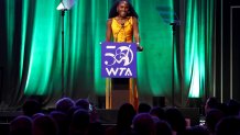 NEW YORK, NEW YORK - AUGUST 25: Coco Gauff speaks onstage during the WTA 50th Anniversary Gala at The Ziegfeld Ballroom on August 25, 2023 in New York City. (Photo by Clive Brunskill/Getty Images)