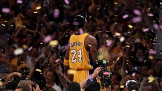 Kobe Bryant #24 of the Los Angeles Lakers celebrates after the Lakers defeated the Boston Celtics in Game Seven of the 2010 NBA Finals.