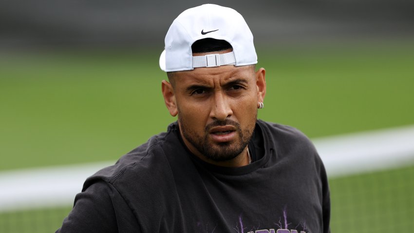 LONDON, ENGLAND – JULY 02: Nick Kyrgios of Australia looks on during a practice session ahead of The Championships – Wimbledon 2023 at All England Lawn Tennis and Croquet Club on July 02, 2023 in London, England. (Photo by Patrick Smith/Getty Images)