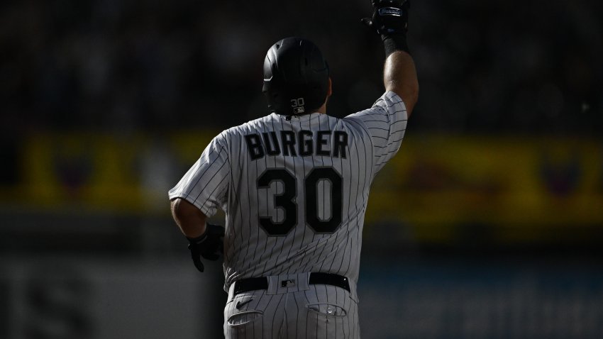 CHICAGO, IL – JULY 27:  Jake Burger #30 of the Chicago White Sox celebrates after hitting a two-run home run in the fifth inning against the Cleveland Guardians at Guaranteed Rate Field on July 27, 2023 in Chicago, Illinois.  (Photo by Jamie Sabau/Getty Images)